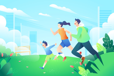  卡通立春出行踏青家人风景背景矢量插画