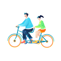 卡通情侣骑自行车踏青矢量插画