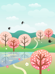 春天山上桃树与山间湖水背景插画