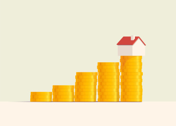 浅色背景递增的金色硬币和小房子矢量插画