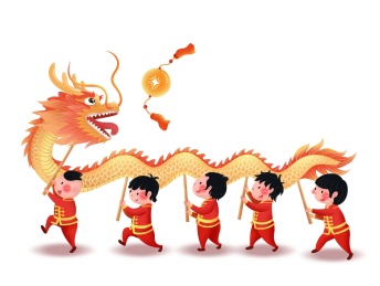 五个小孩在传统节日穿着红色的中式服装舞龙