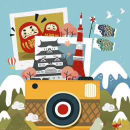 日本旅游回忆与相机平面插图