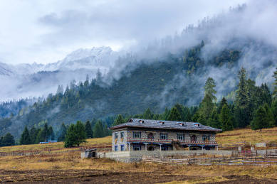 中国西藏林芝鲁朗扎西岗村远望加拉白垒雪山
