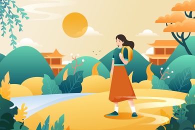 一个女孩在景区游览风景矢量插图