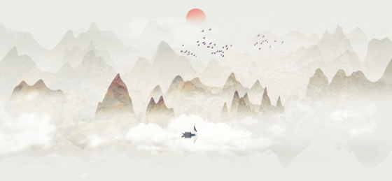 中国风金箔水墨山水背景插画