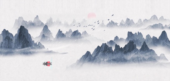 手绘中国风蓝色意境水墨山水画