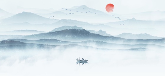 手绘中国风蓝色意境水墨山水风景画 