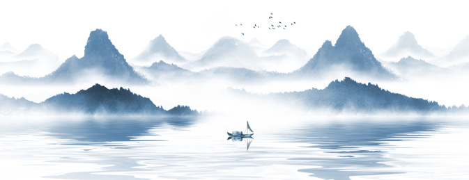 手绘中国风蓝色意境水墨山水画