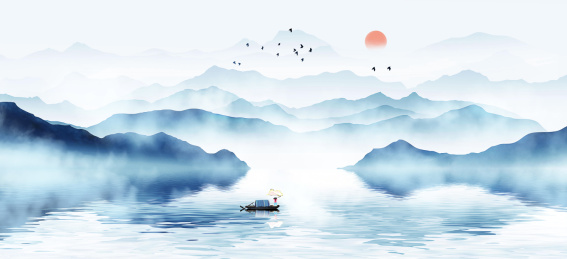 手绘中国风蓝色意境水墨山水画