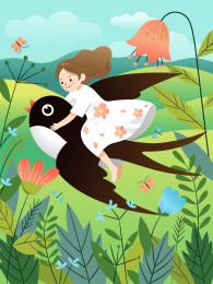 春天郊外女孩骑在燕子上