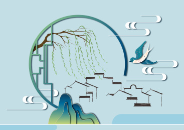 古典中国风水墨江南与燕子柳树春季插图