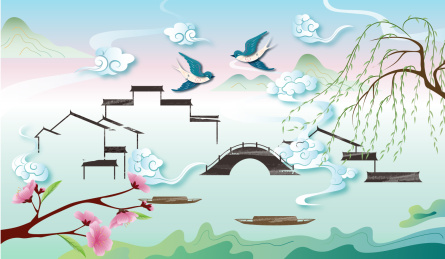 春季中国风国潮水墨江南燕子柳树与桃花插图