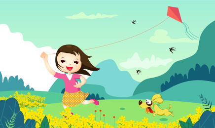 一个女孩领着小狗在山上放风筝的插画