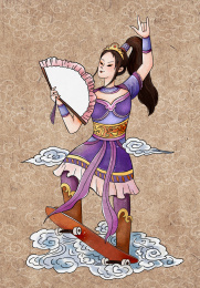 持扇子玩滑板于祥云上的古风女孩国潮门神