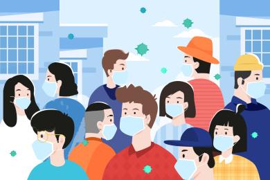 一群人在街上戴着口罩预防病毒矢量插画