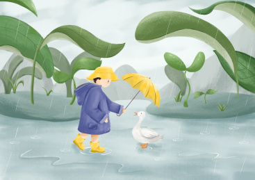 春季雨水节气下雨天给小鸭子打伞手绘插画