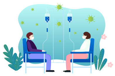 一对情侣戴着口罩坐在医院里打点滴