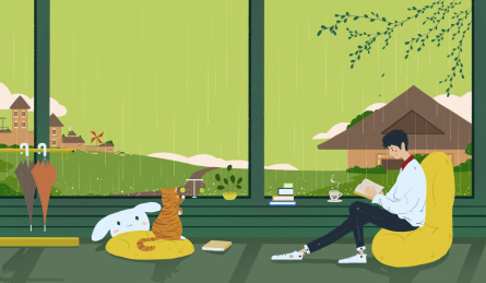 雨天坐在落地窗前看书的男人插画-横版