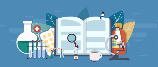 许多小人在书本前面放着显微镜烧瓶试