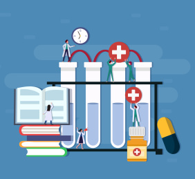 许多医生小人在书和试管药瓶上面