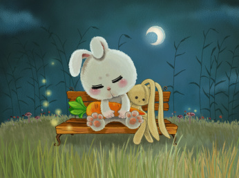 抱着胡萝卜的小兔子在月光下睡着了 插图