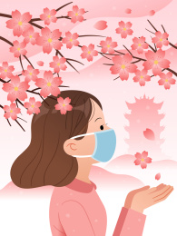 戴着口罩的女孩在樱花树下