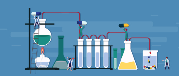 许多小人在铁架台酒精加热烧瓶连接着