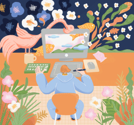 一个在家办公画画的设计师在电脑前面画画