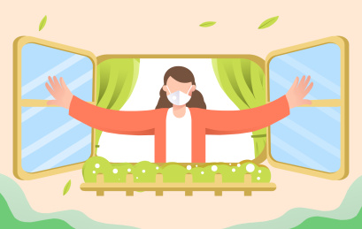 戴口罩女子开窗通风插画