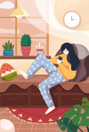 女孩宅在家中玩手机