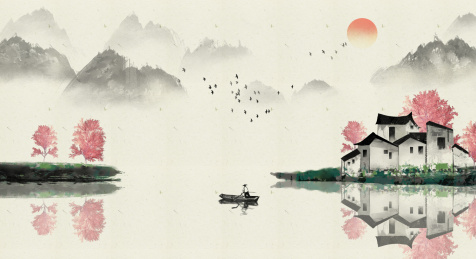 手绘中国风江南微派建筑山水背景画