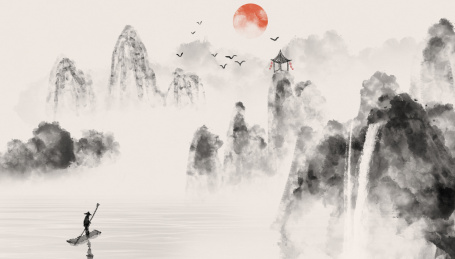 手绘写意山水画中国风水墨背景画画