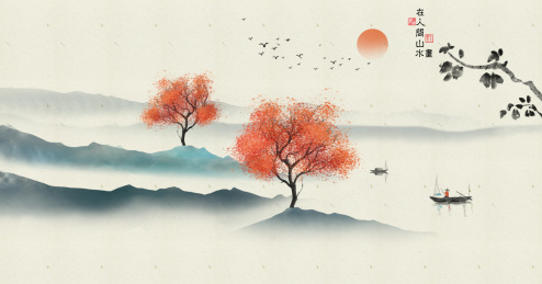 illustration with cranes at sunset.