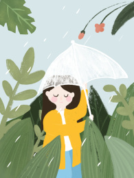 下雨了打伞的小女孩