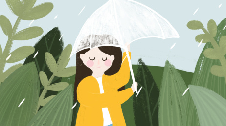 下雨了打伞的小女孩