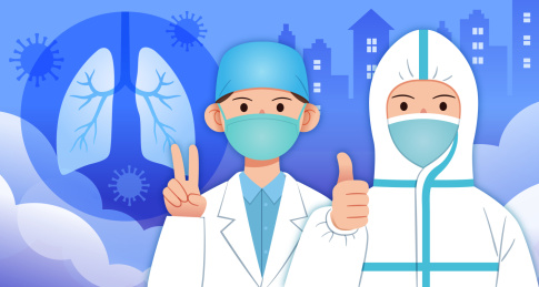 医生竖起大拇指和做胜利手势