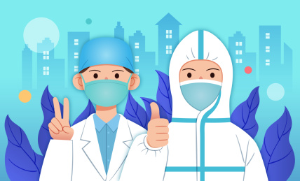 医生做胜利手势和竖起大拇指