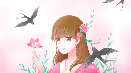 少女手上拿着花，身边围绕着燕子，唯美插画