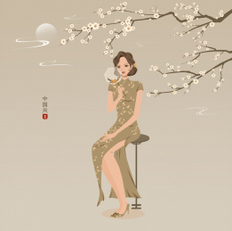 梨花树下穿着旗袍的女人中国风插画