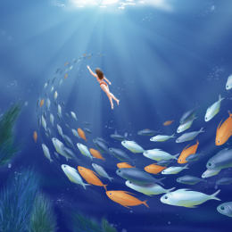 海底的女潜水员与鱼群插画