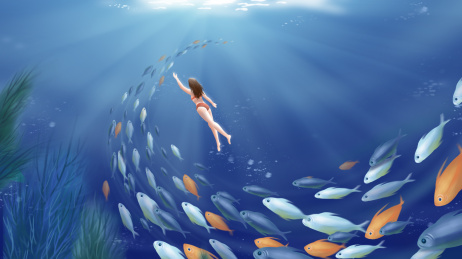 海底的女潜水员与鱼群插画