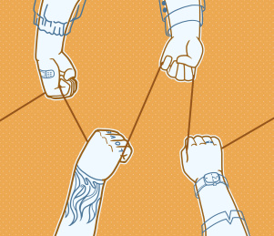 几只手拉扯着一根线 描边插画