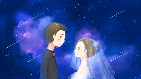 深情对望彼此的新郎和新娘,星空背景