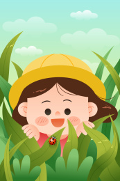 小女孩拨开草丛看见一只瓢虫