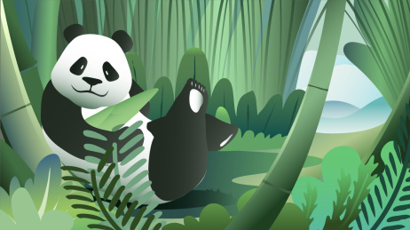 在竹林中抱着竹笋的熊猫