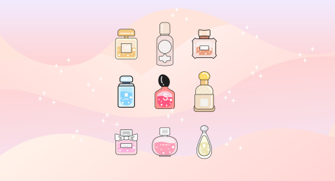 6款香水组成的扁平风矢量插画背景