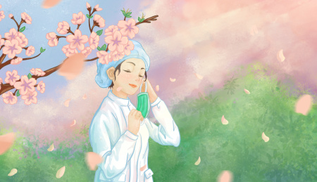 护士面向阳光在樱花树下脱口罩