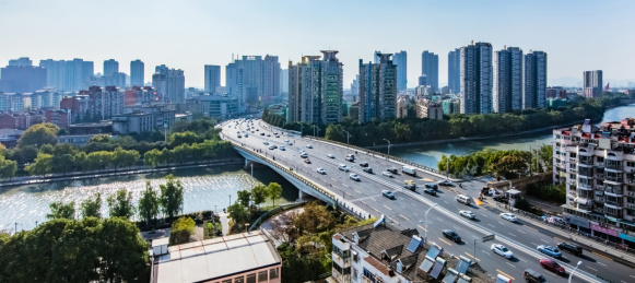 江苏省南京市秦淮河定淮门大桥高楼建筑环境