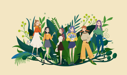 6个时尚的女孩和茂盛的绿色植物插画