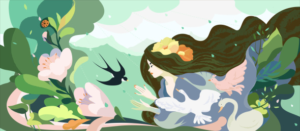 春天春雨手捧燕子头戴花朵在植物中的女孩